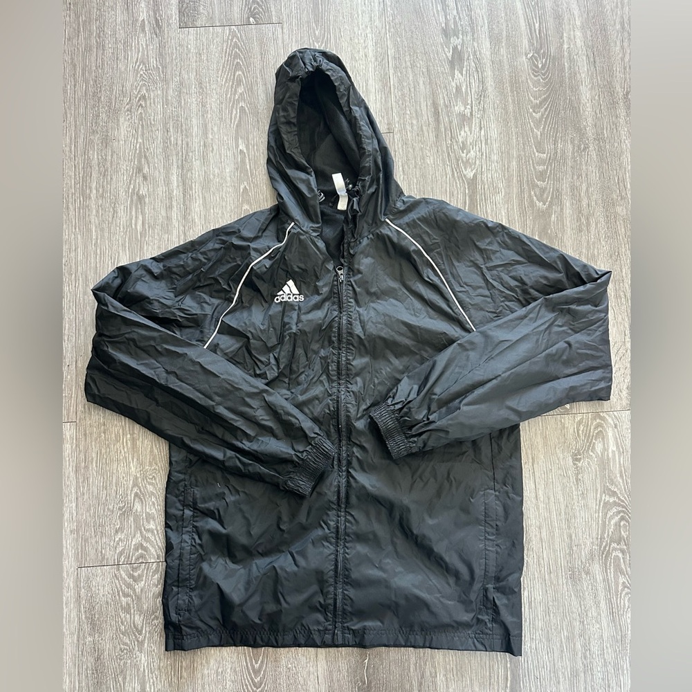 Adidas Black Windbreaker with Hood and Sporty Design Size M